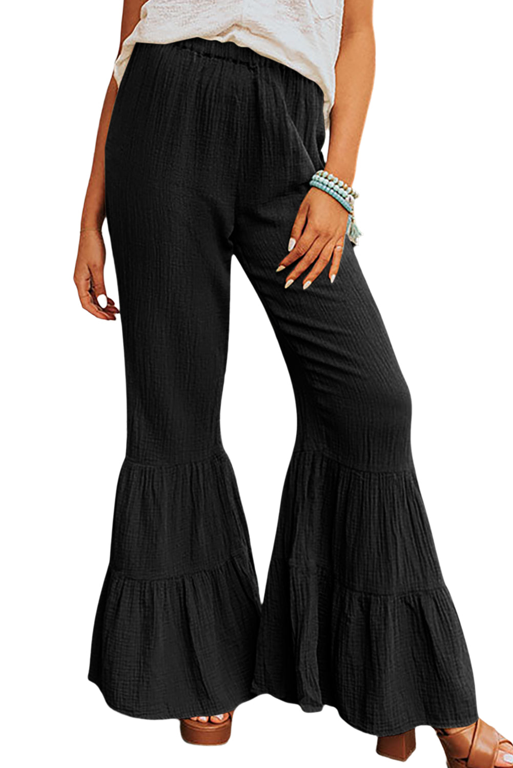 Cotton Ruffle Flare High Waisted Pants