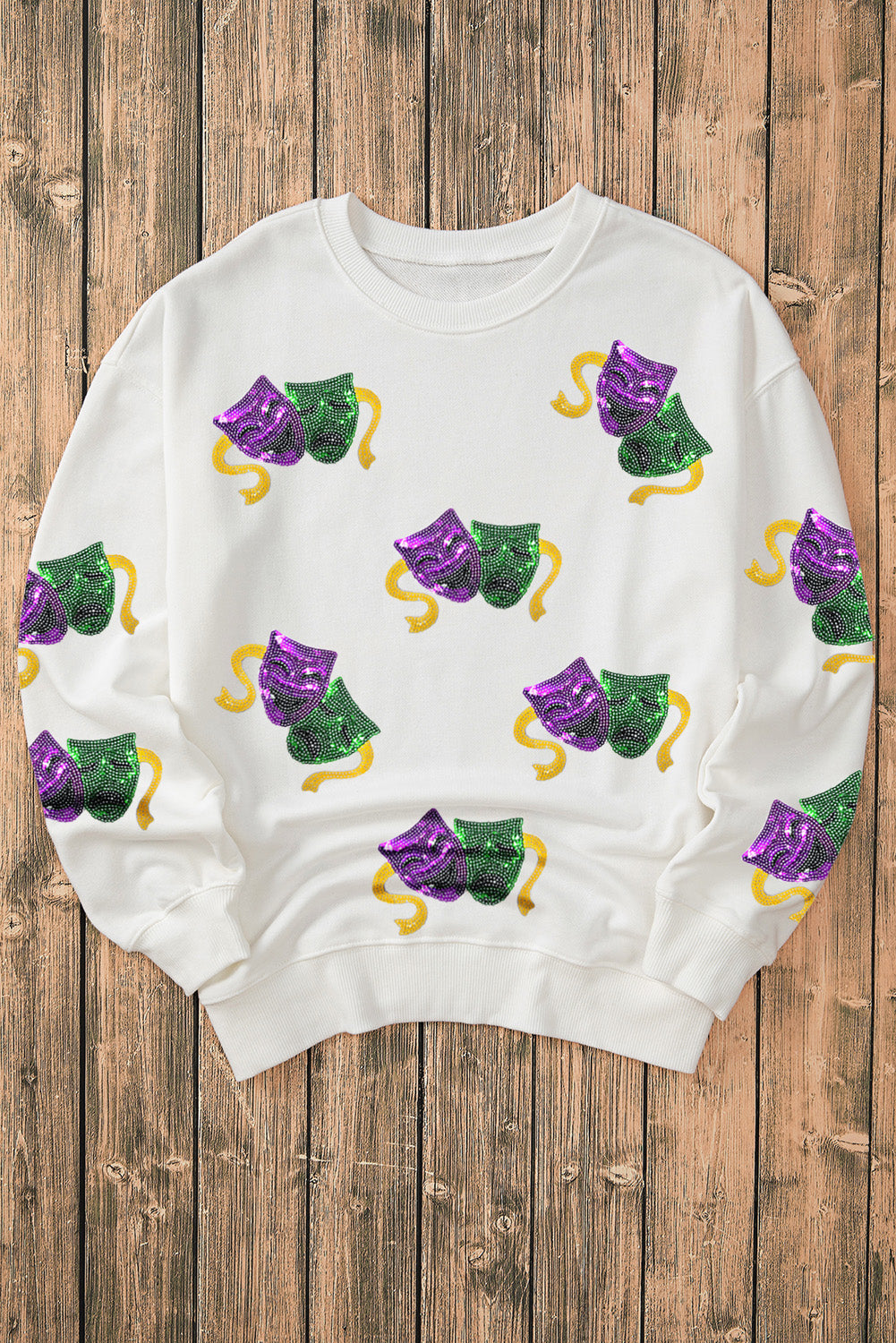 White Sequin Mardi Gras Mask Pattern Drop Shoulder Graphic Sweatshirt