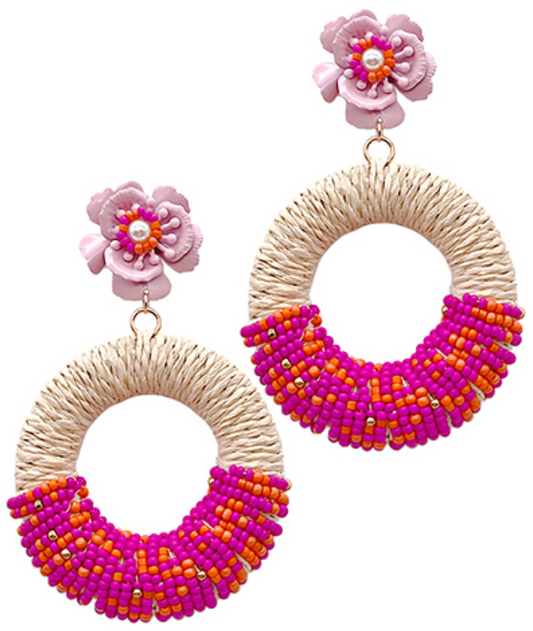 Raffia & Beads Circle Link Flower Earrings