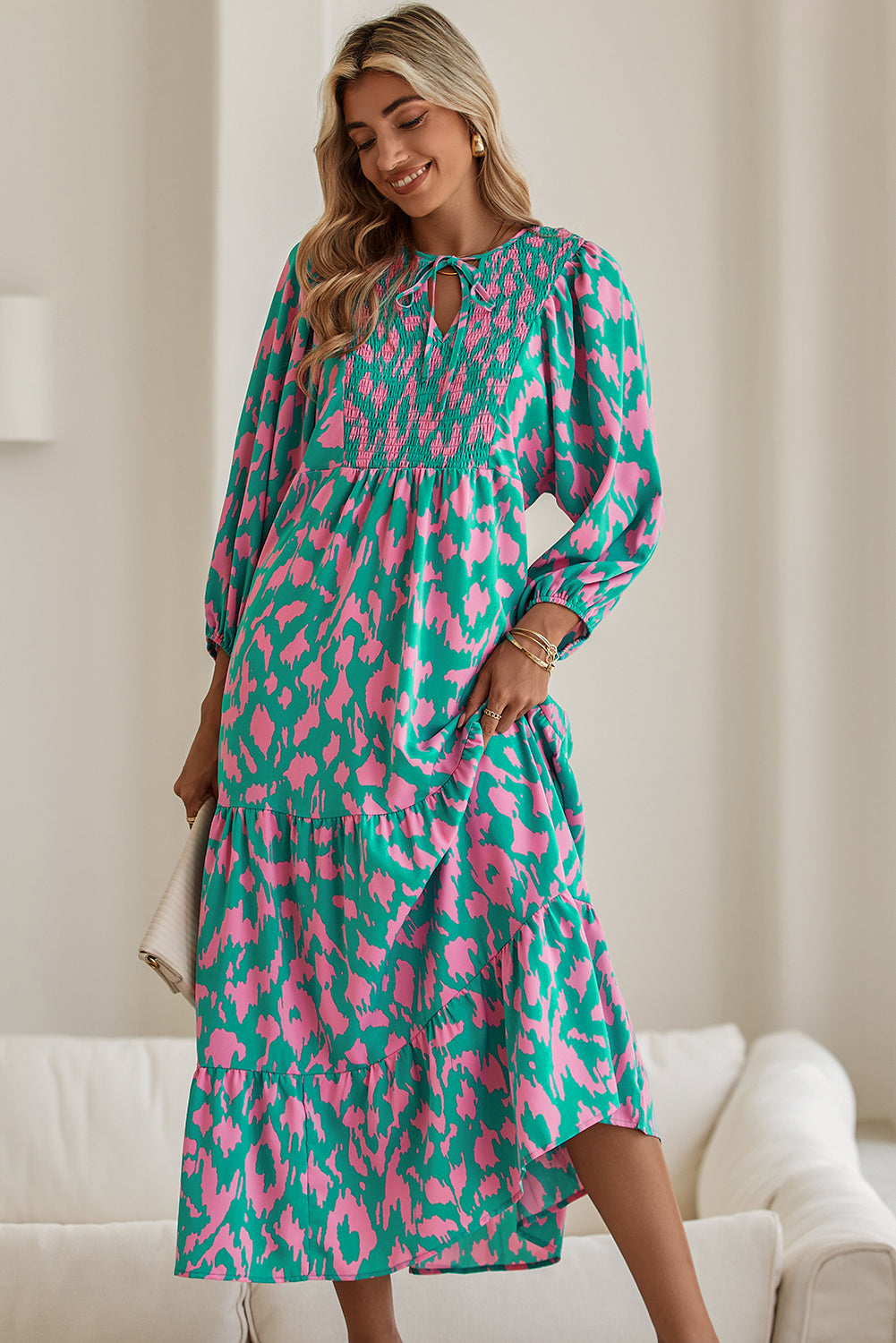 Green Abstract Print Puff Sleeve Smocked V Neck Maxi Dress