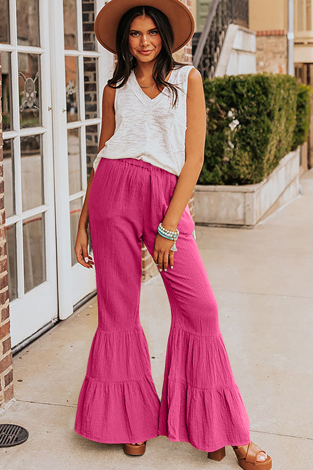 Cotton Ruffle Flare High Waisted Pants