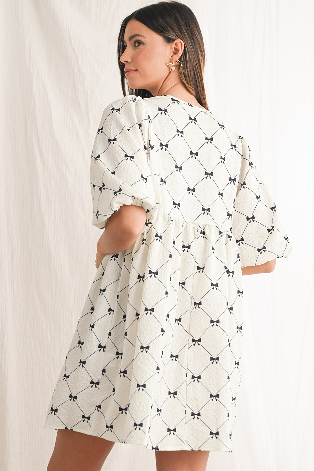 White Sweet Bow Print Lantern Sleeve Mini Dress