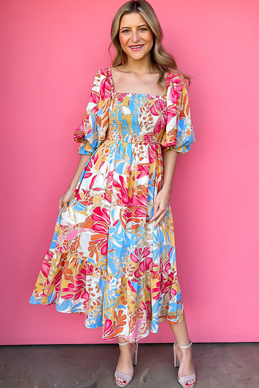 Rose Red Tropical Print Smocked Bodice Puff Sleeve Midi Dress