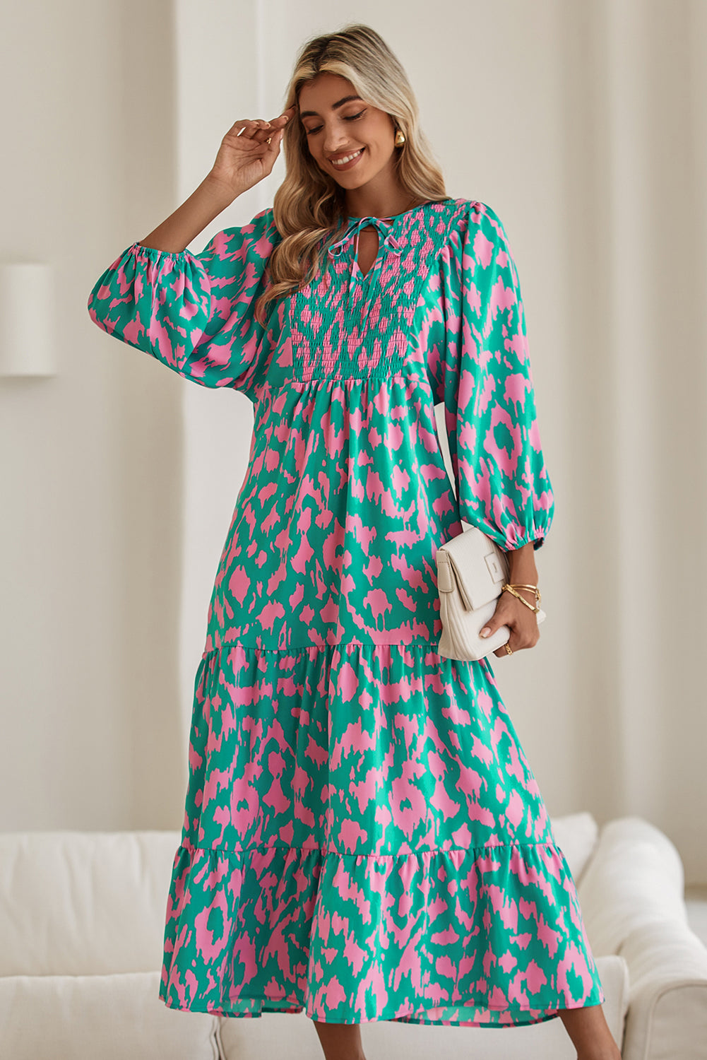 Green Abstract Print Puff Sleeve Smocked V Neck Maxi Dress