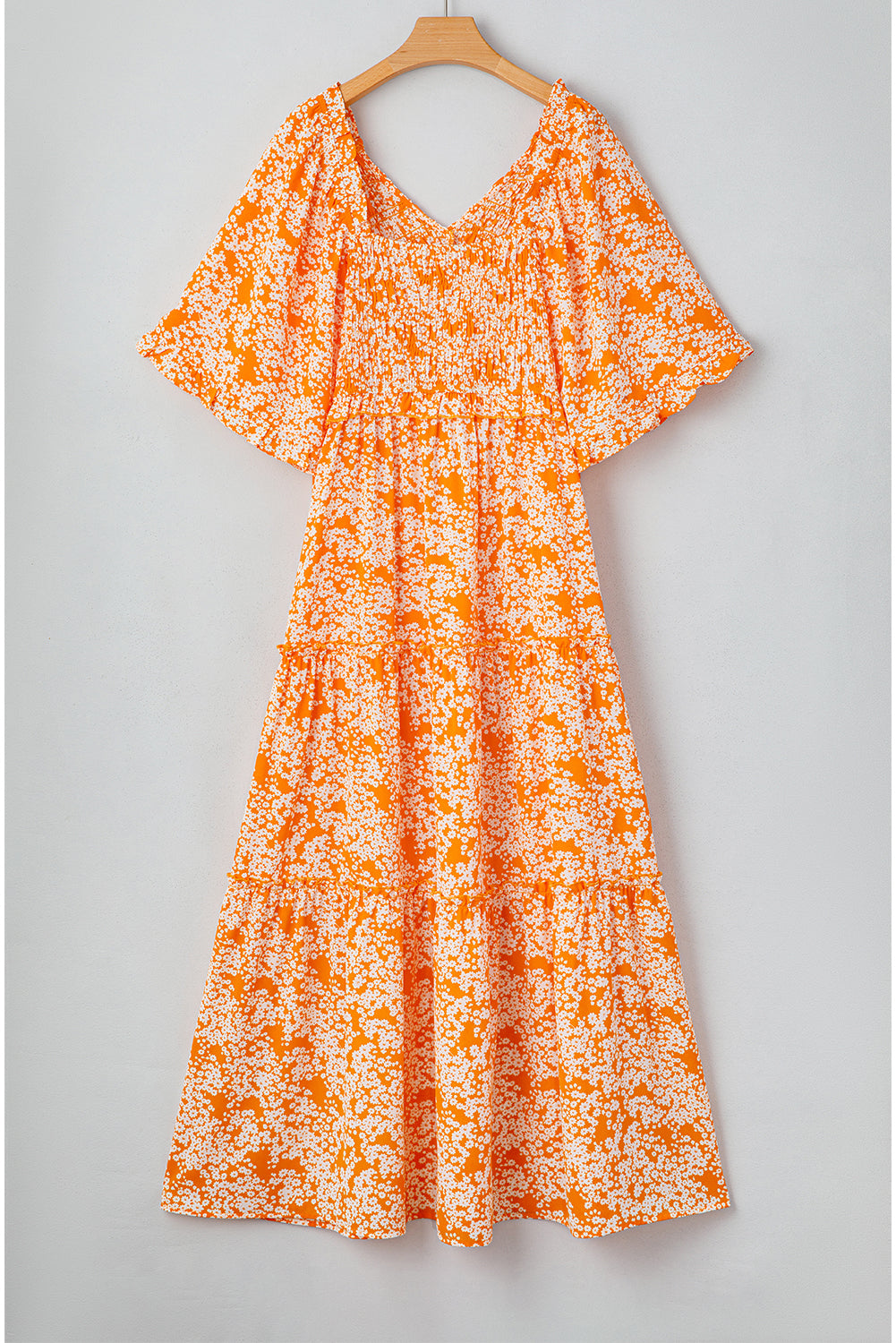 Orange Floral Print Smocked V Neck Bell Sleeve Maxi Dress