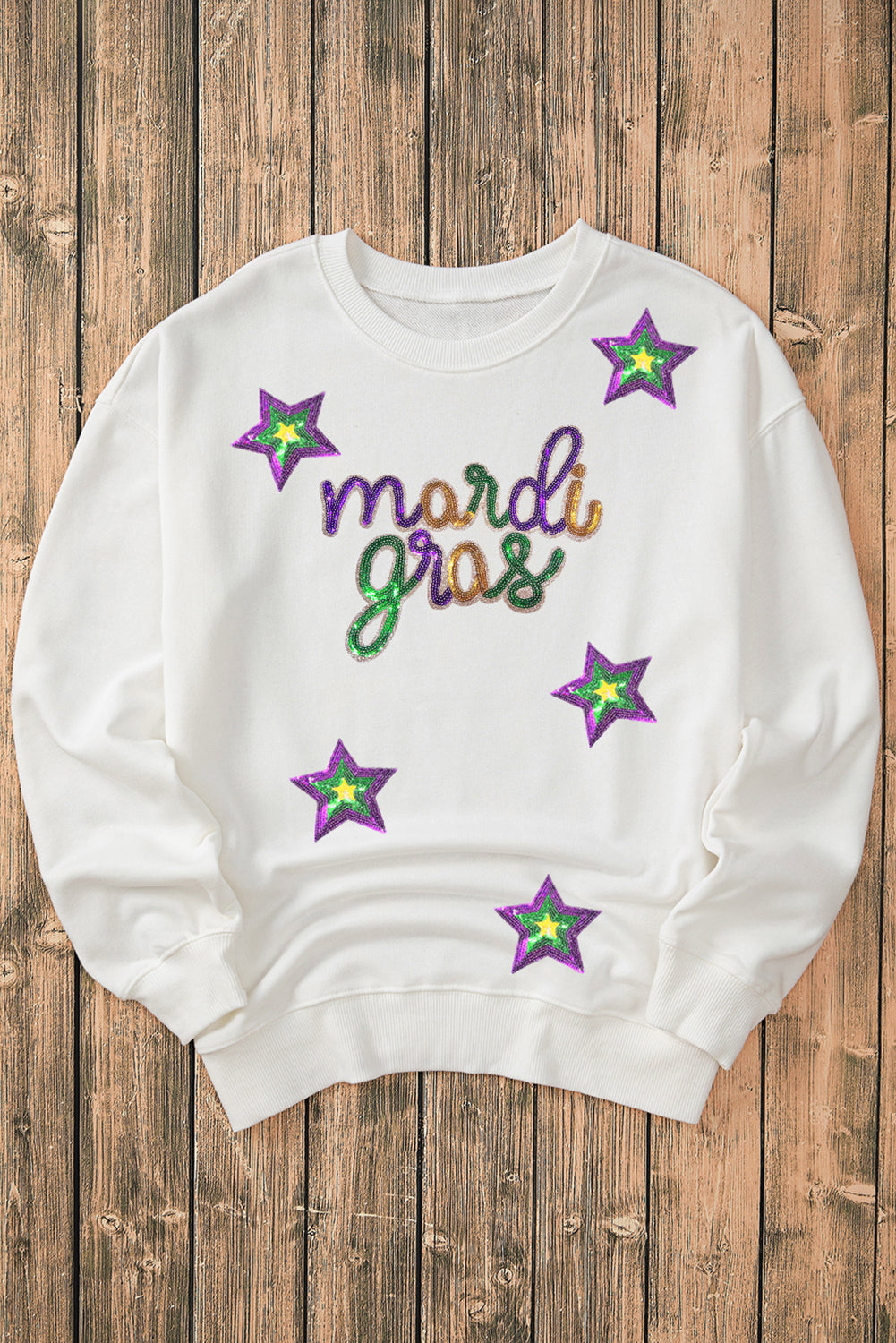 White Sequin mardi gras Star Pattern Drop Shoulder Sweatshirt