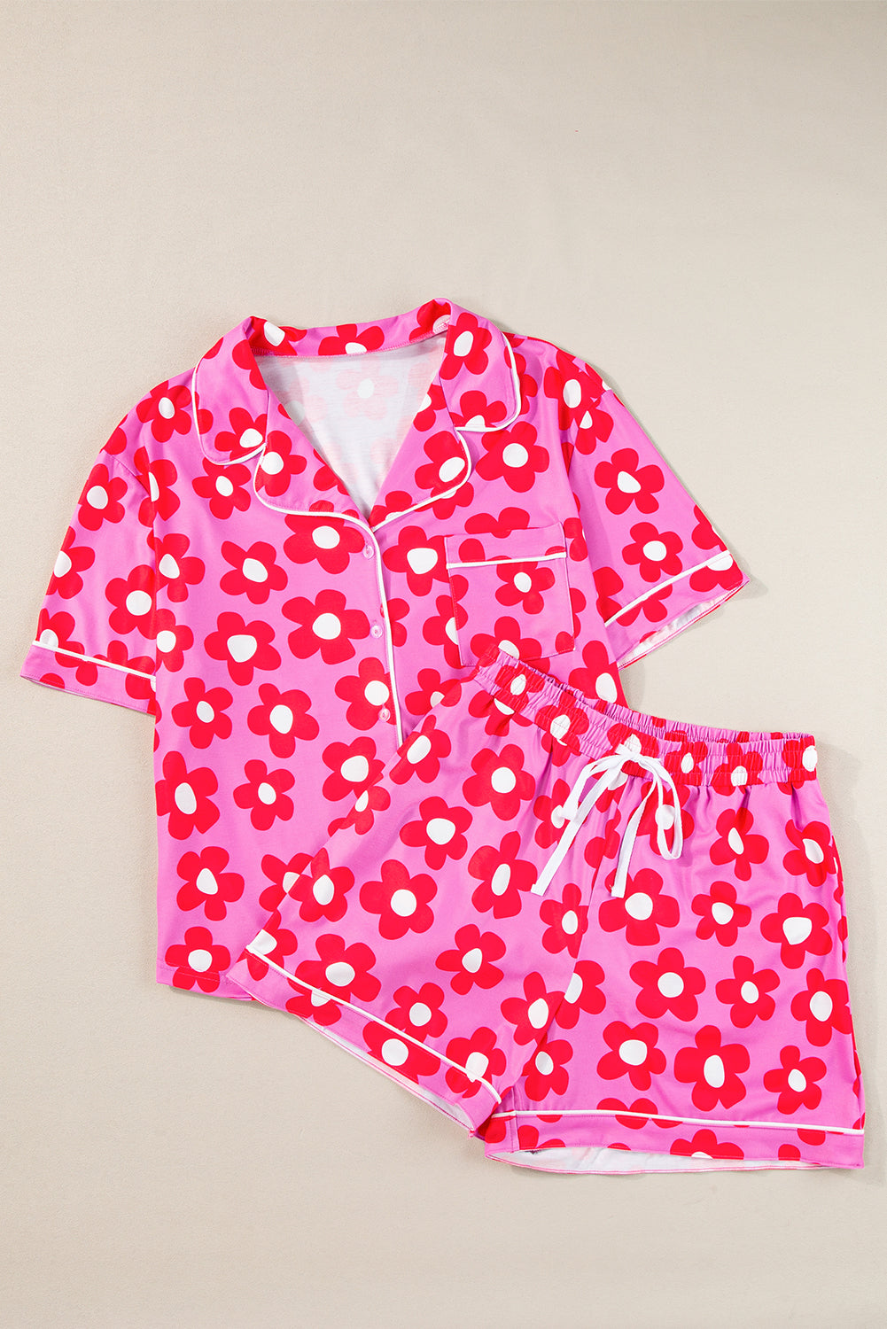 Pink Flower Print Buttoned Shirt And Drawstring Waist Pajama Set