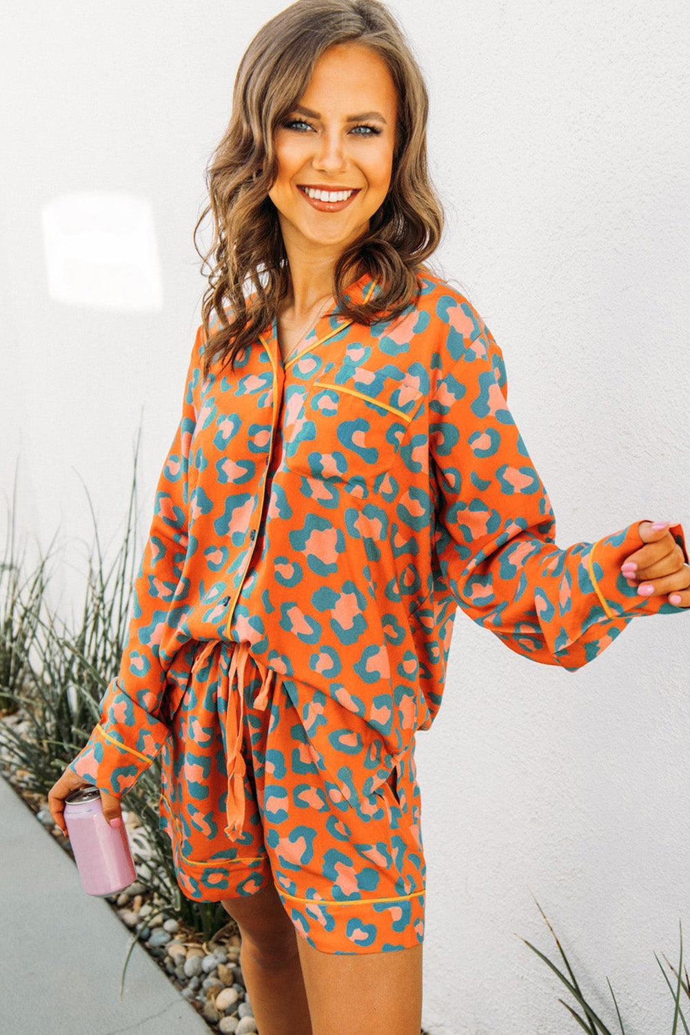 Orange Jaguar Print Long Sleeve Pajama Set