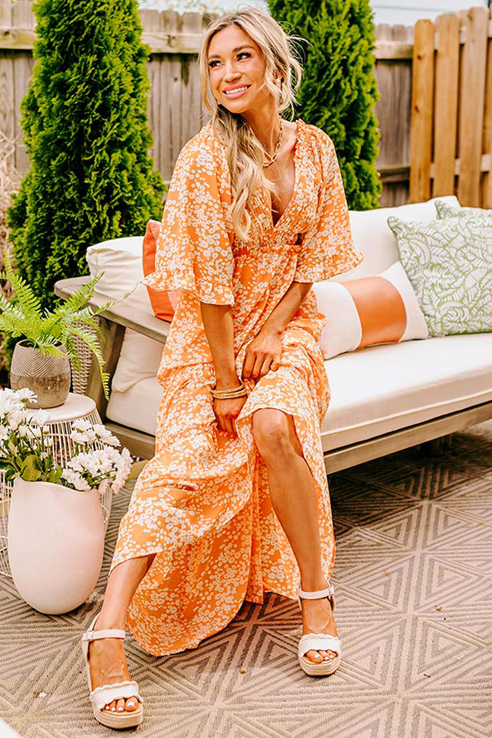 Orange Floral Print Smocked V Neck Bell Sleeve Maxi Dress