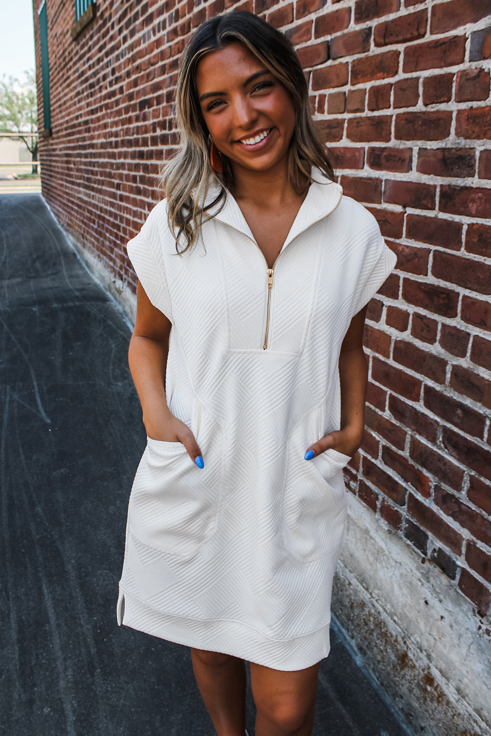 White Textured Half Zip Collared Cap Sleeve Mini Dress