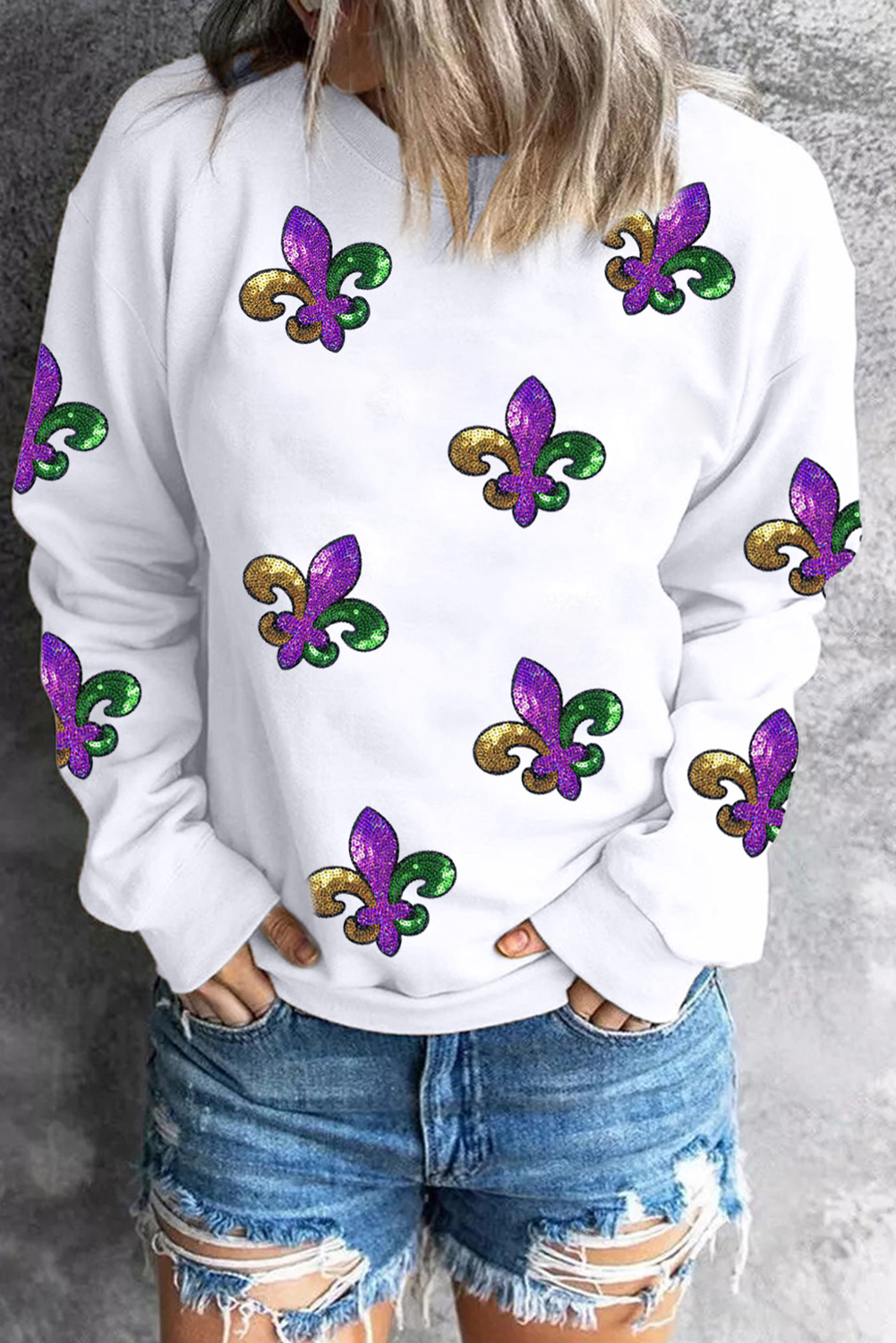 White Sequin Fleur De Lis Graphic Patched Drop Shoulder Sweatshirt