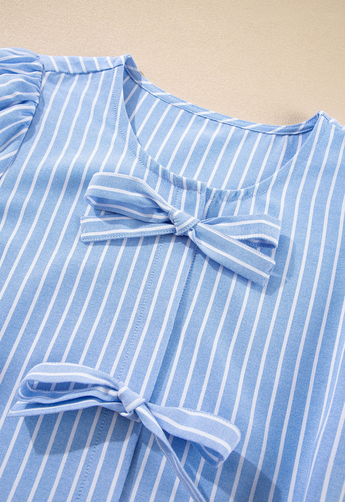 Sky Blue Striped Bow Tie Front Blouse and Drawstring Shorts Set