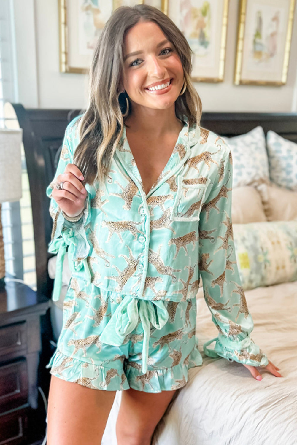 Green Leopard Satin Ruffle Hem Pajama Set