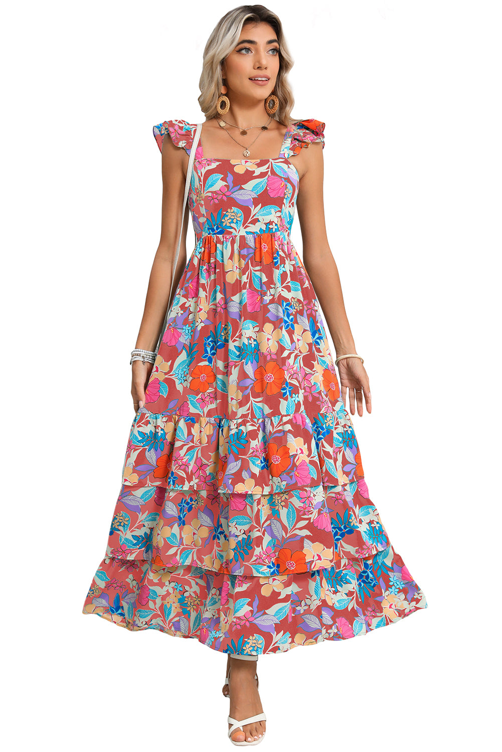 Pink Floral Print Sleeveless Ruffle Tiered Maxi Dress