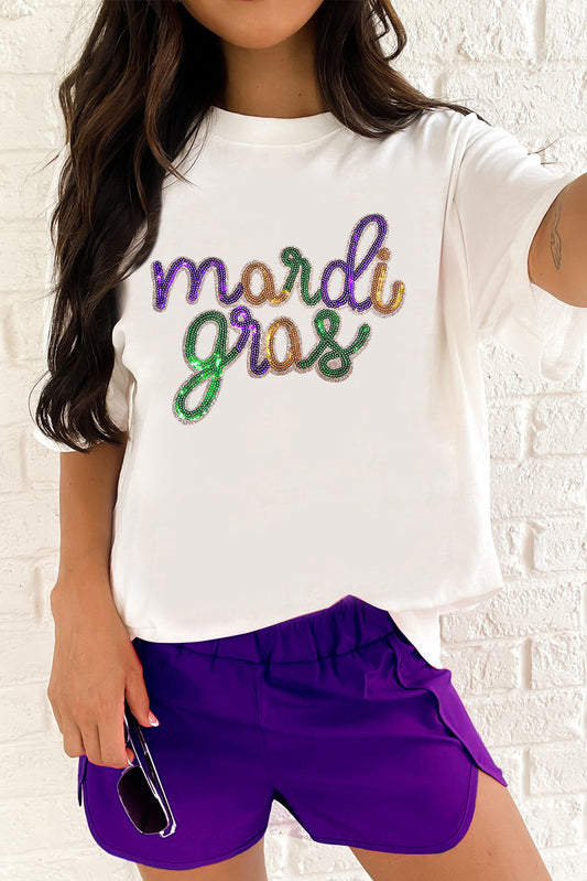 White Sequin mardi gras Letter Print Crewneck Tee