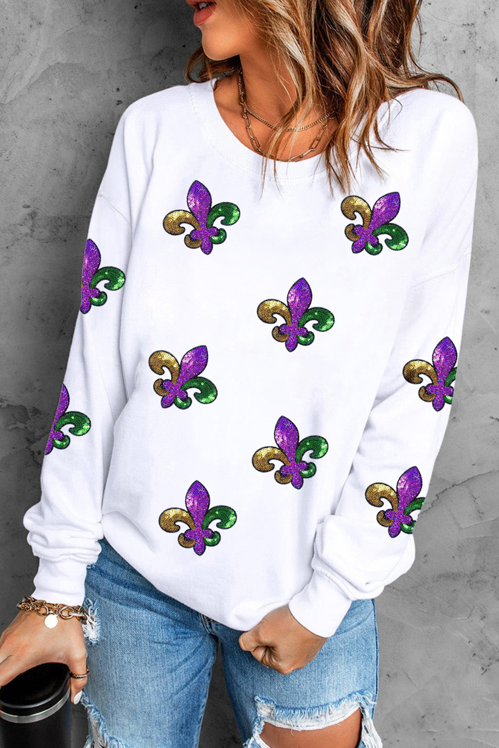 White Sequin Fleur De Lis Graphic Patched Drop Shoulder Sweatshirt