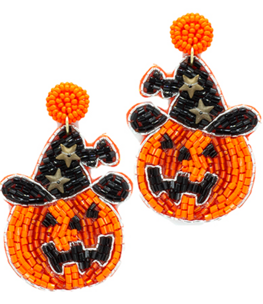 Halloween Beaded Pumpkin & Witch Hat Earrings