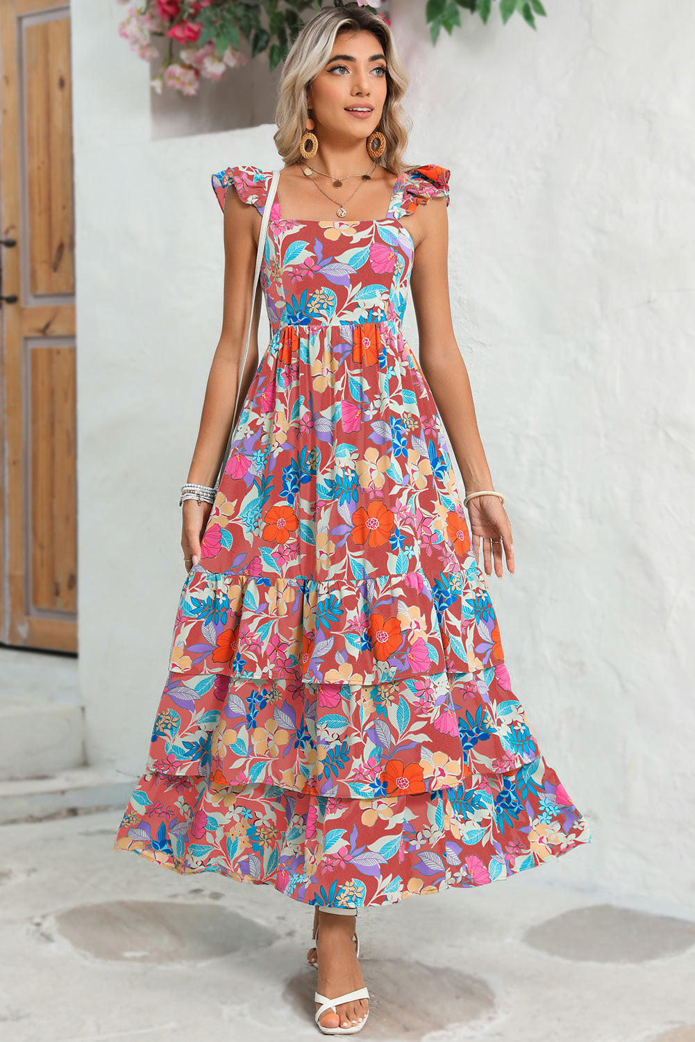 Pink Floral Print Sleeveless Ruffle Tiered Maxi Dress