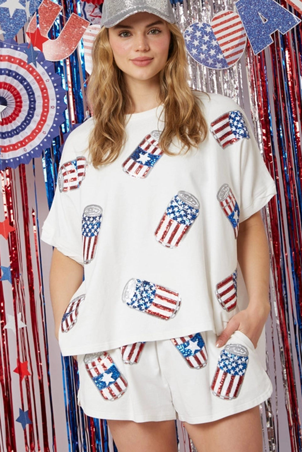 White Sequin American Flag Can Graphic Tee and Shorts Set