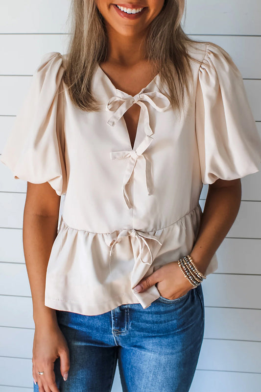 White Sweet Bowknot Puff Sleeve Peplum Blouse