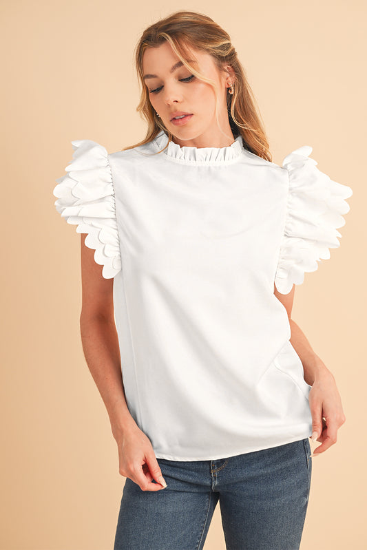 White Scalloped Ruffle Sleeve Blouse