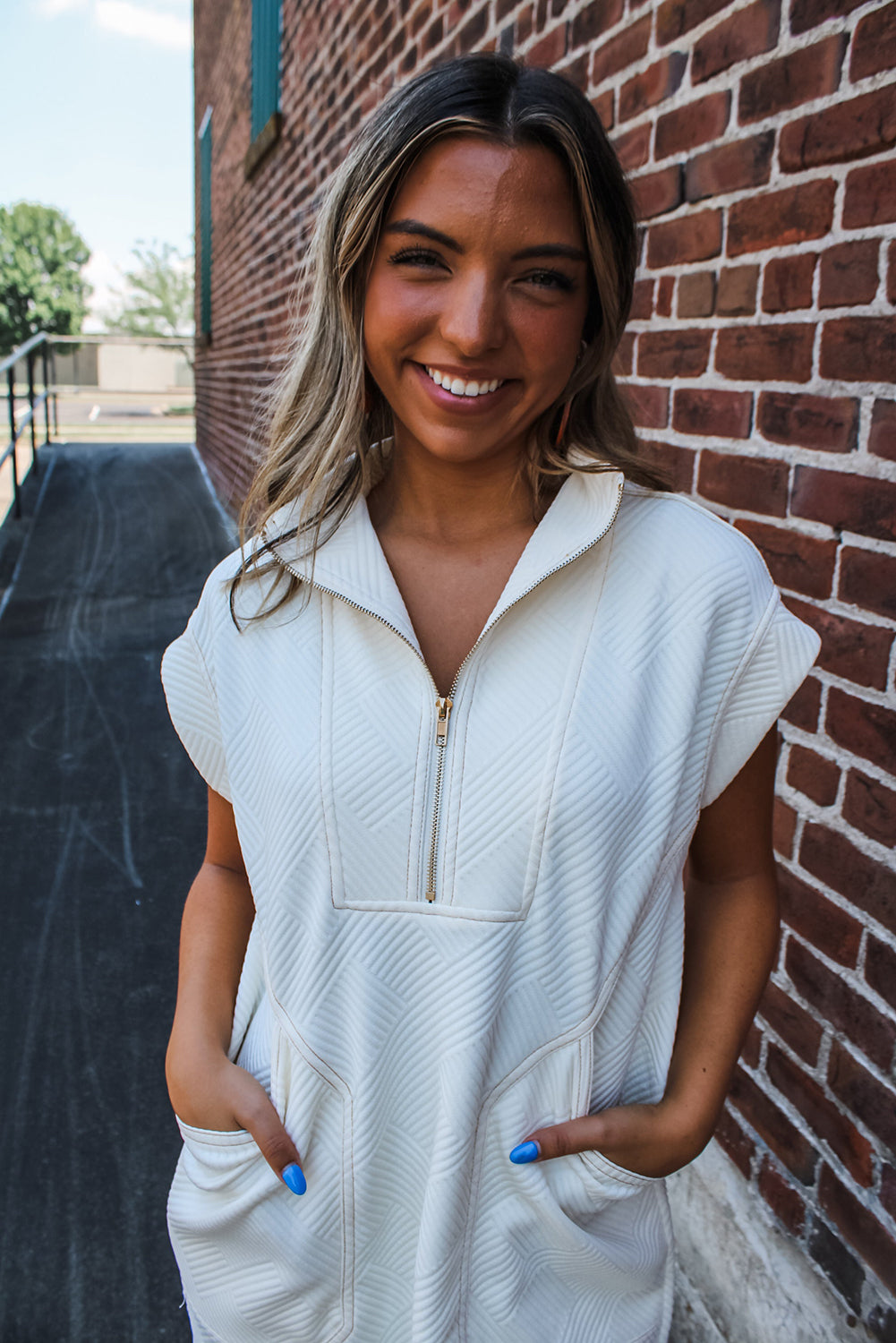 White Textured Half Zip Collared Cap Sleeve Mini Dress