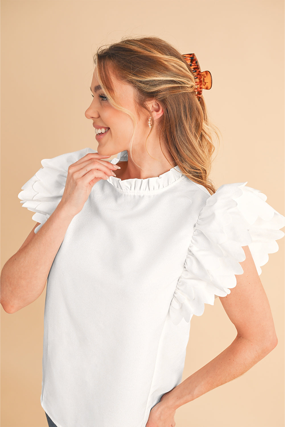 White Scalloped Ruffle Sleeve Blouse