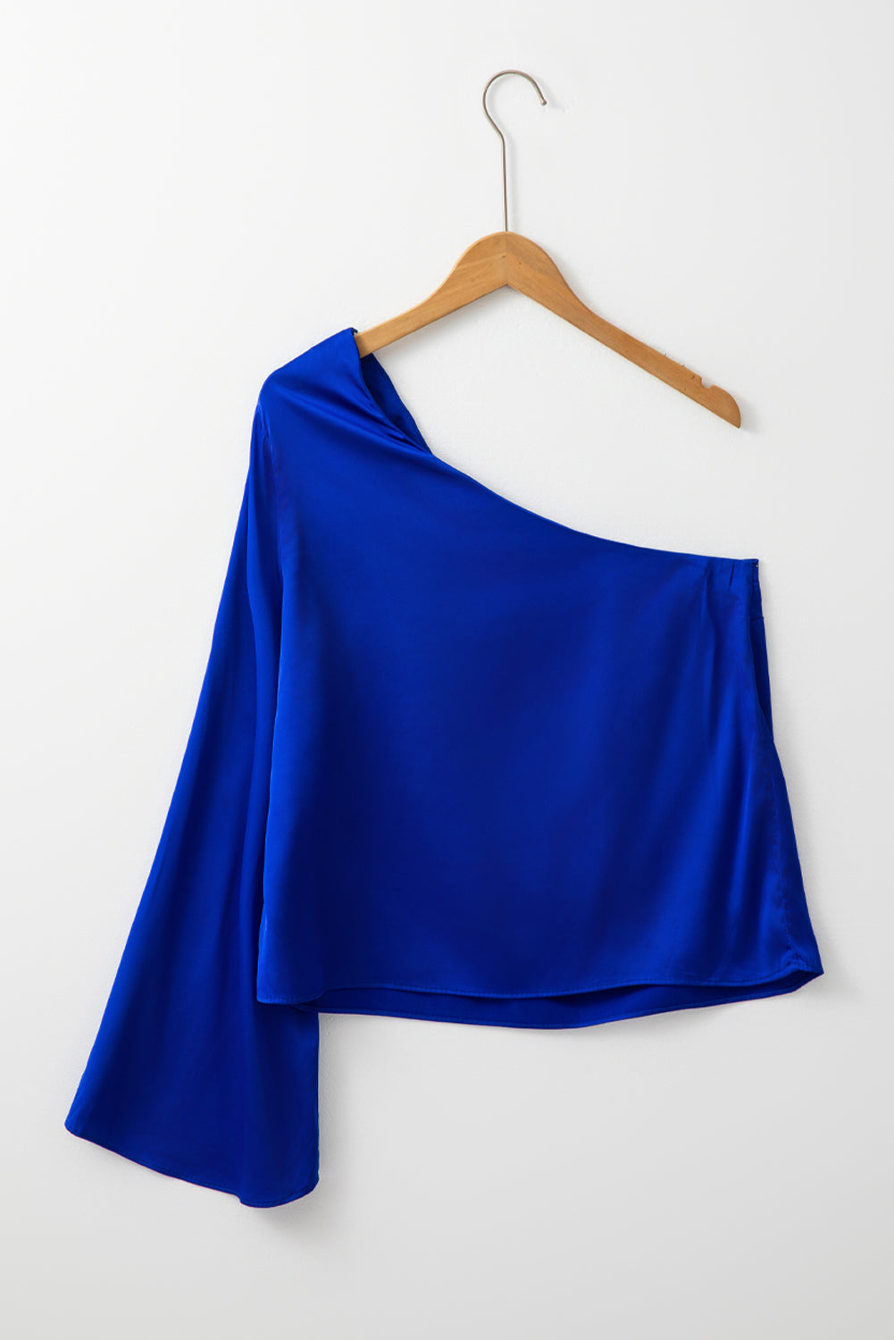 Blue Asymmetric Bell Sleeve Satin Blouse