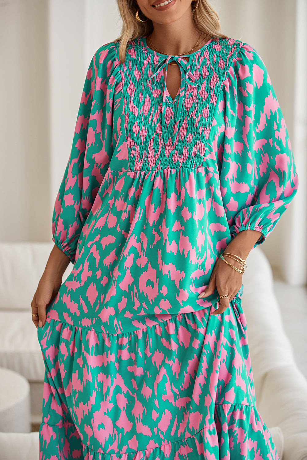 Green Abstract Print Puff Sleeve Smocked V Neck Maxi Dress