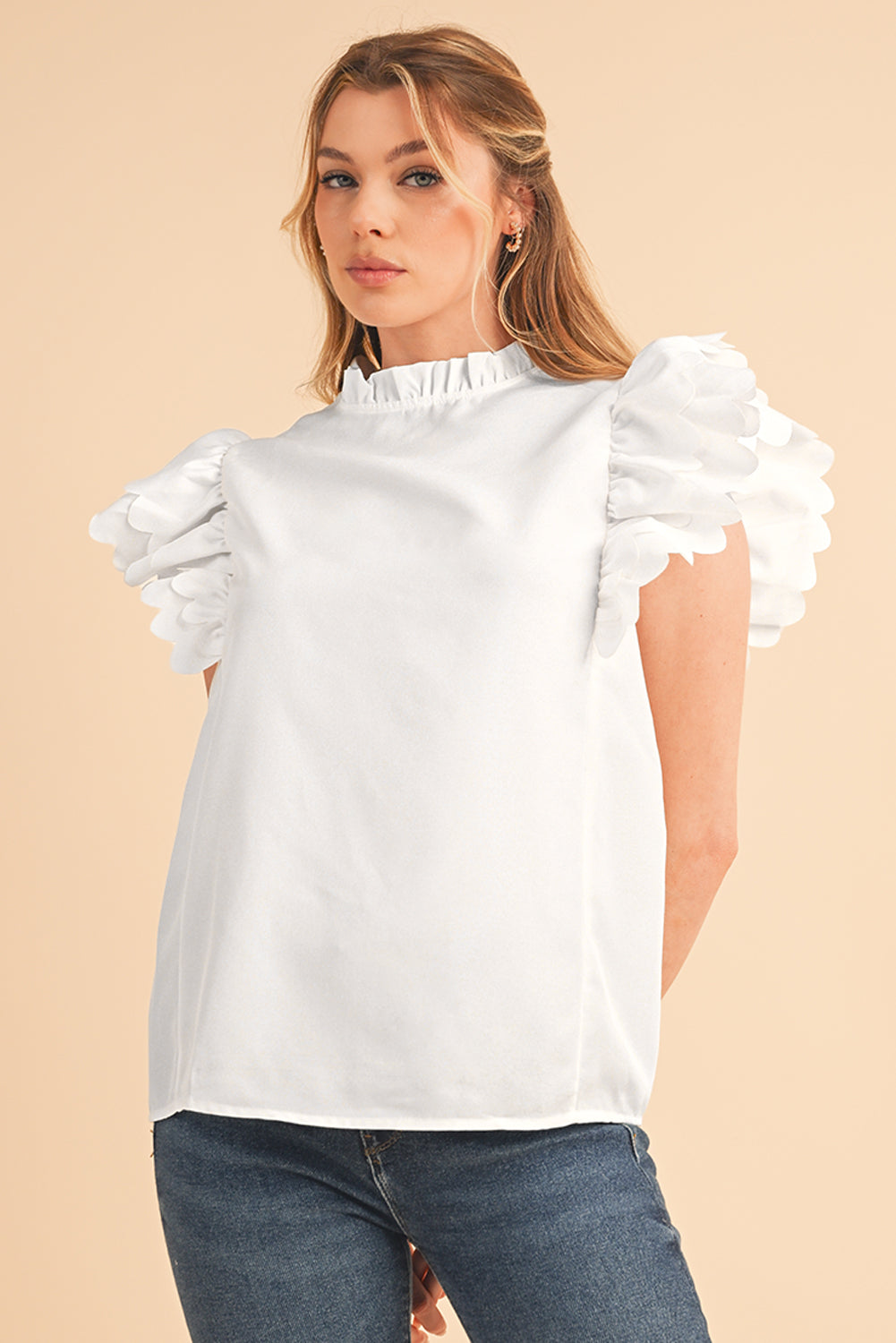 White Scalloped Ruffle Sleeve Blouse