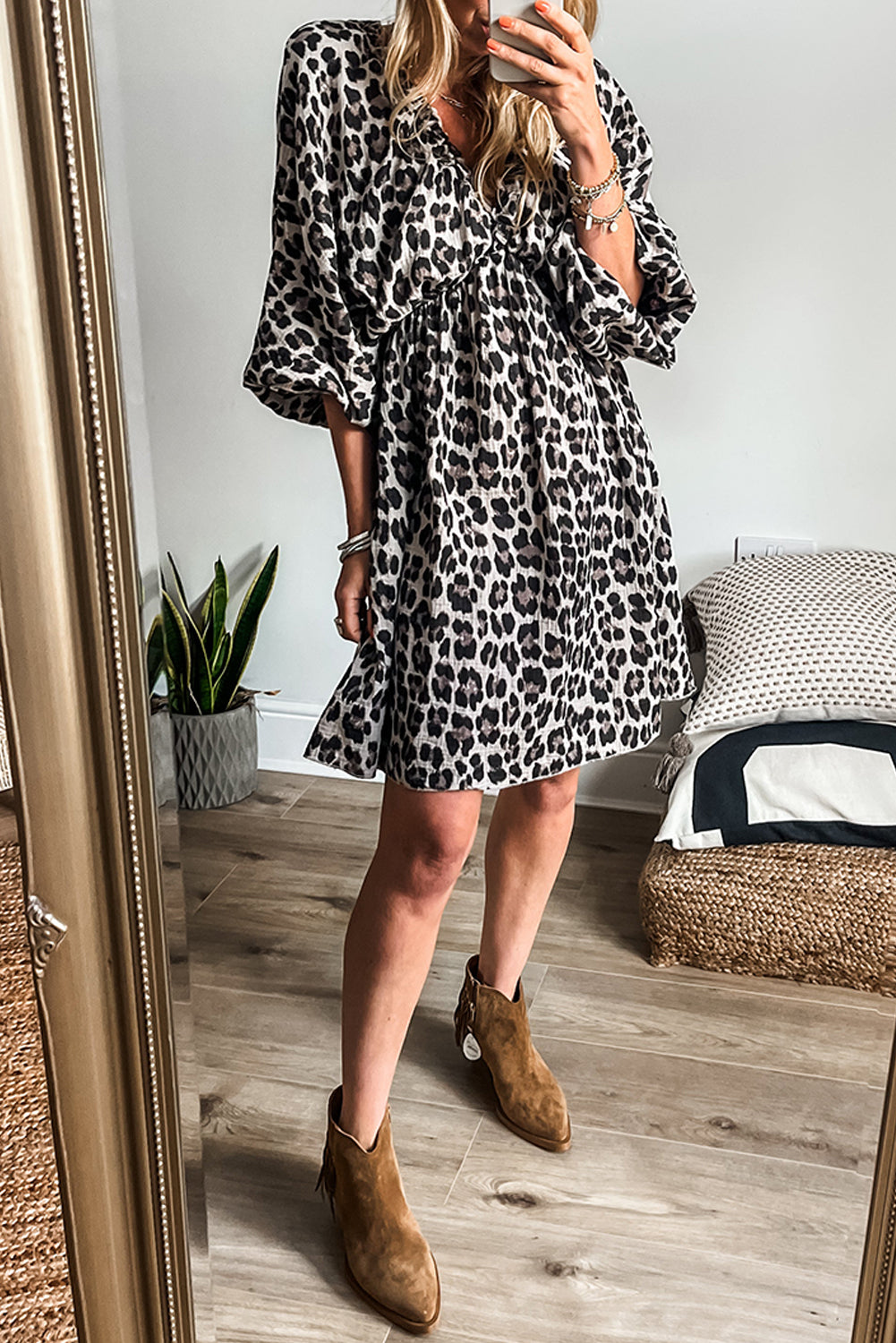 Pink V Neck 3/4 Puff Sleeve Leopard Print Dress