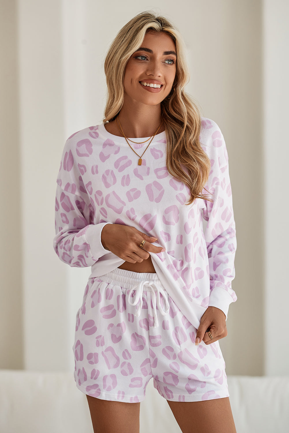 Pink Leopard Print Pullover and Shorts Pajama Set