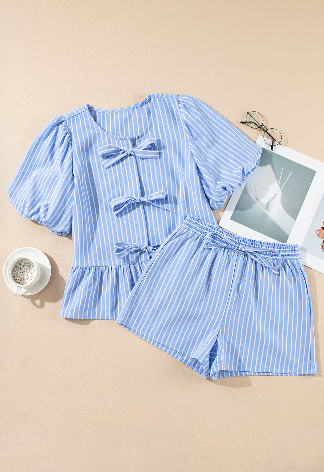 Sky Blue Striped Bow Tie Front Blouse and Drawstring Shorts Set