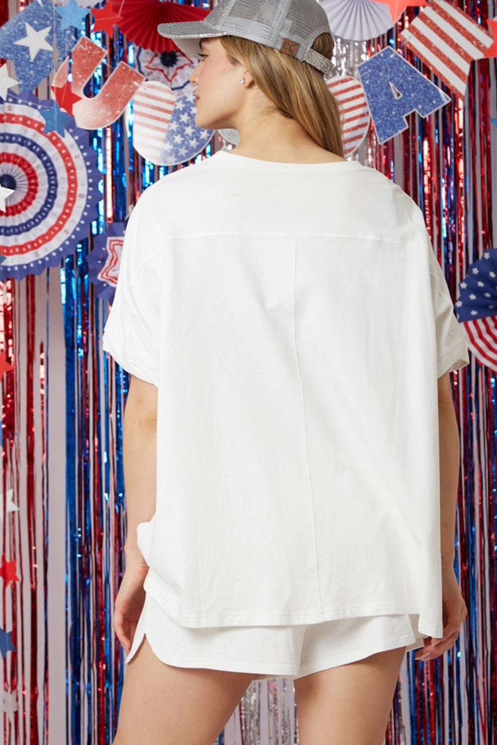 White Sequin American Flag Can Graphic Tee and Shorts Set