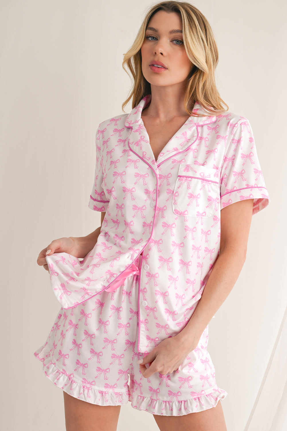 Pink Bowknot Print Shirt and Ruffle Hem Shorts Pajama Set