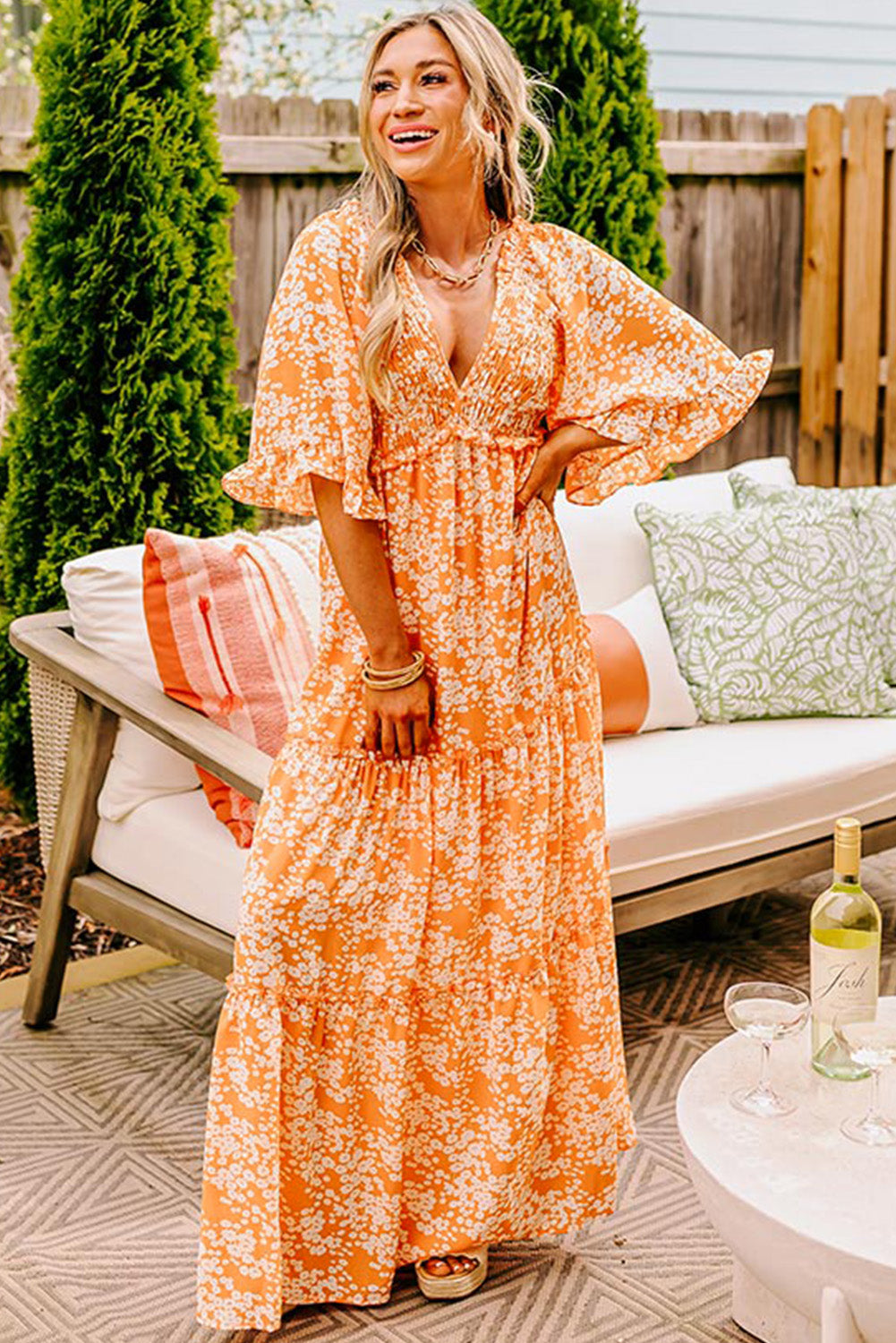 Orange Floral Print Smocked V Neck Bell Sleeve Maxi Dress