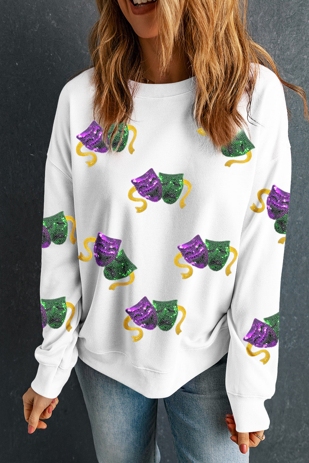 White Sequin Mardi Gras Mask Pattern Drop Shoulder Graphic Sweatshirt