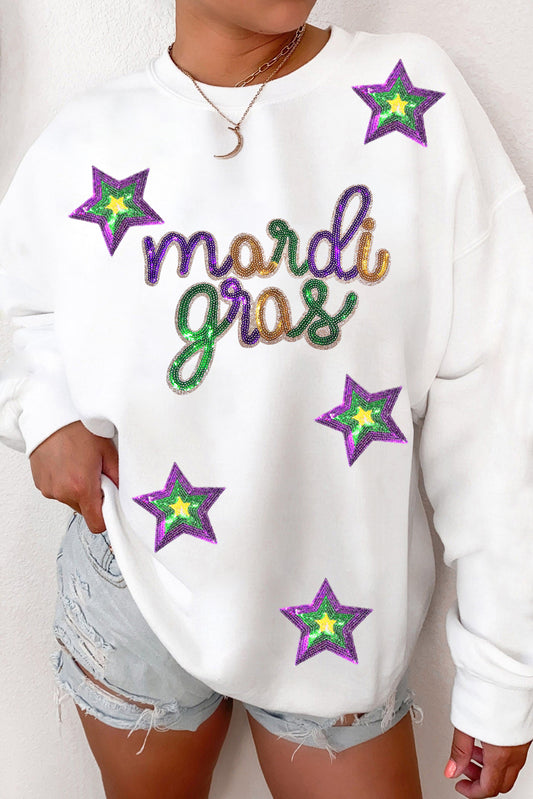 White Sequin mardi gras Star Pattern Drop Shoulder Sweatshirt