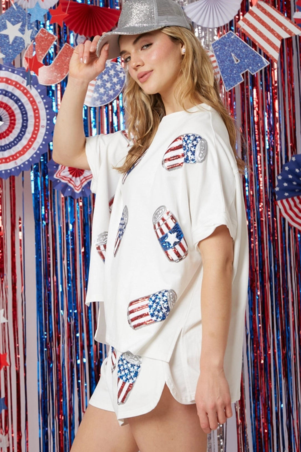 White Sequin American Flag Can Graphic Tee and Shorts Set