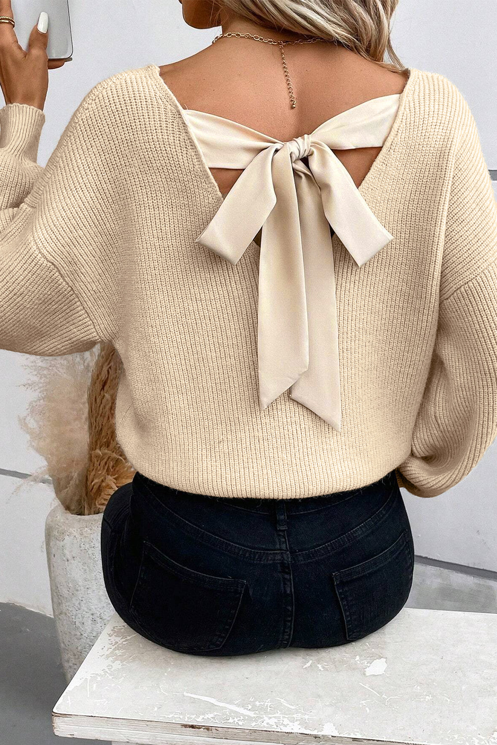 Lantern Sleeve Knot Back Sweater