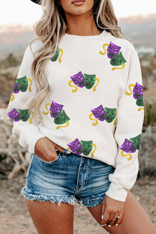 White Sequin Mardi Gras Mask Pattern Drop Shoulder Graphic Sweatshirt