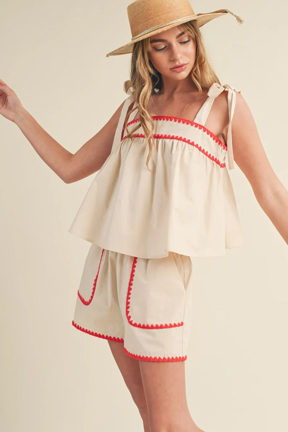 White Geometric Trim Knot Straps Top and Shorts Set