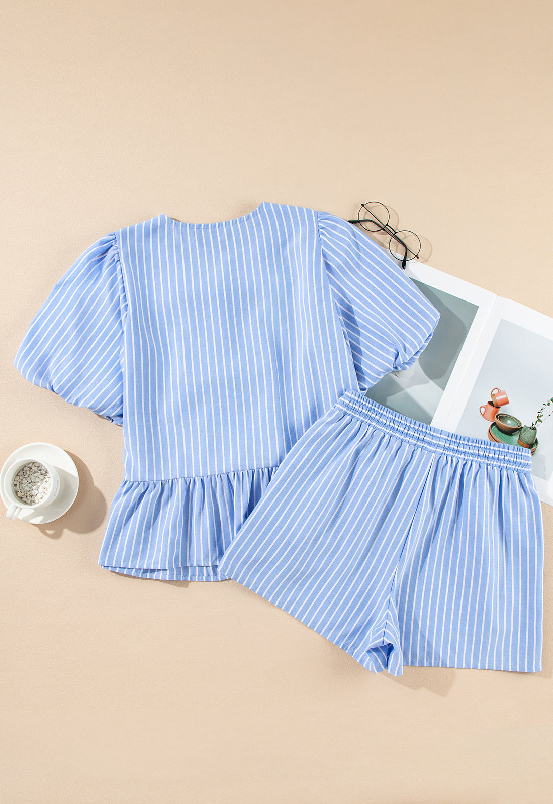 Sky Blue Striped Bow Tie Front Blouse and Drawstring Shorts Set