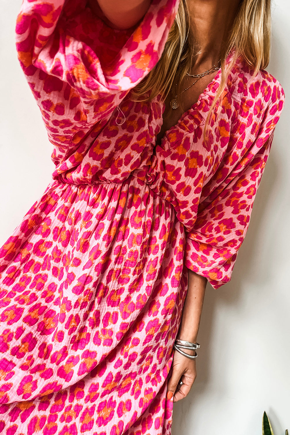 Pink V Neck 3/4 Puff Sleeve Leopard Print Dress