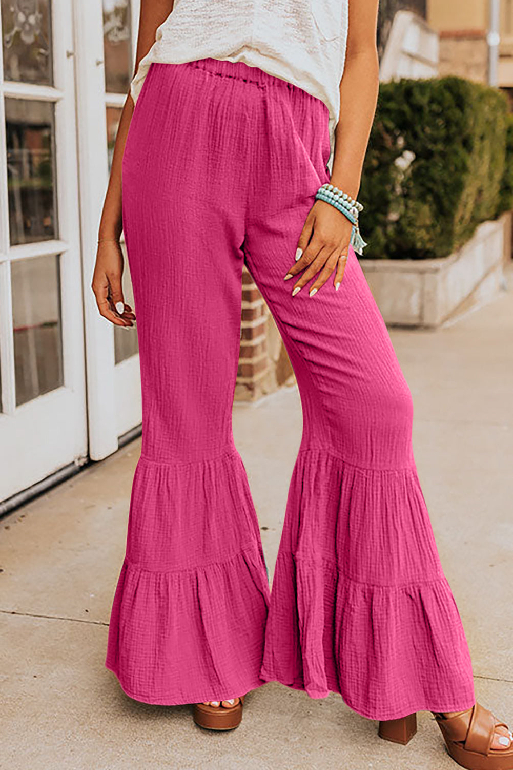 Cotton Ruffle Flare High Waisted Pants