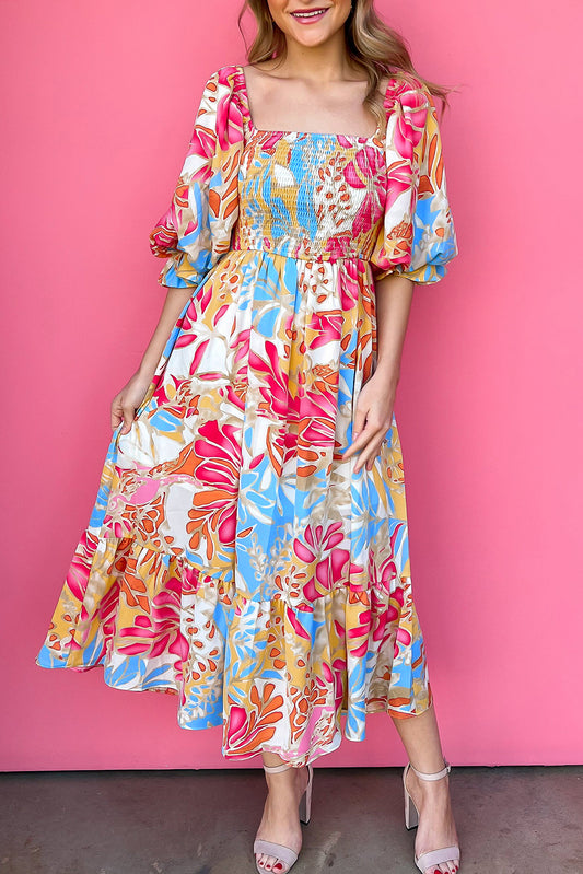 Rose Red Tropical Print Smocked Bodice Puff Sleeve Midi Dress