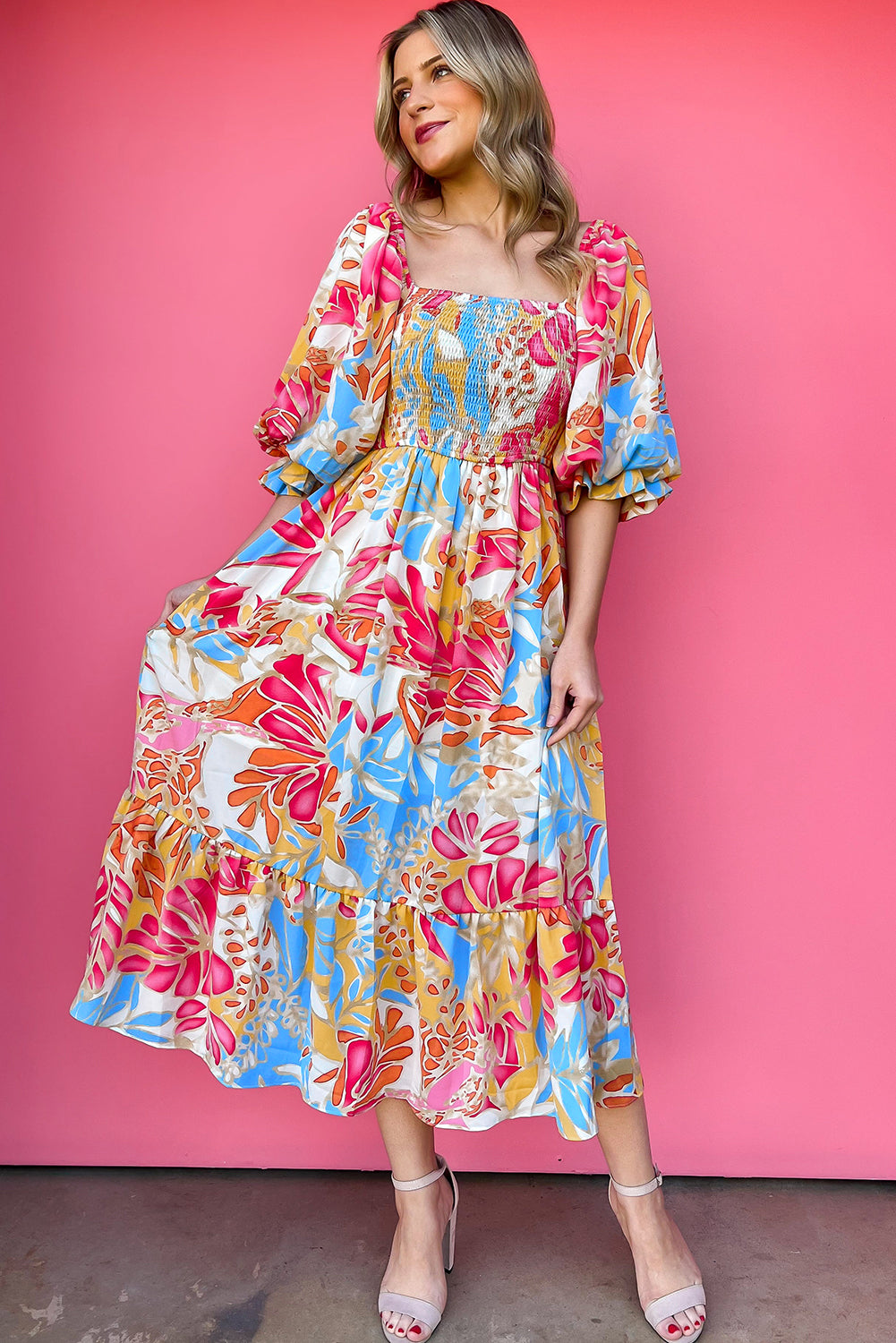 Rose Red Tropical Print Smocked Bodice Puff Sleeve Midi Dress