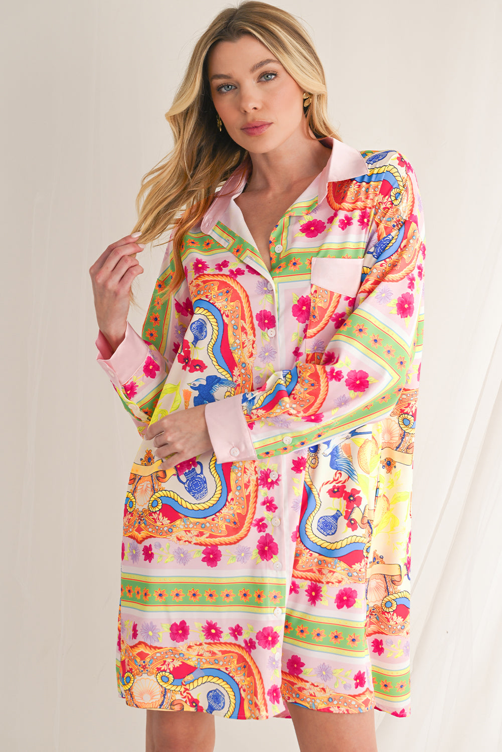 Multicolour Abstract Print Button Long Sleeve Shirt Dress