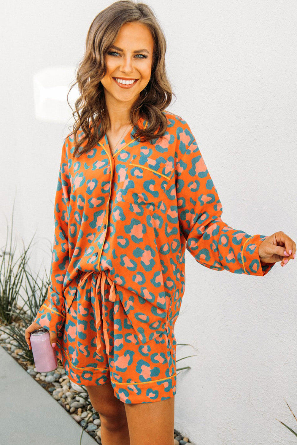 Orange Jaguar Print Long Sleeve Pajama Set