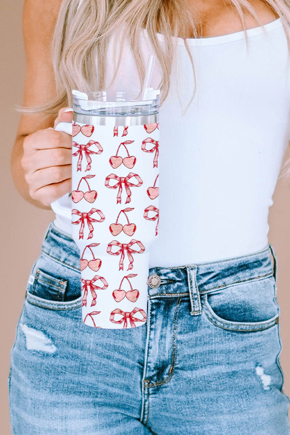 White Cherry Bowknot Stylish Large Tumbler